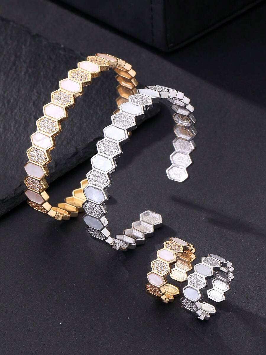 1 Set Honeycomb Hexagonal Cubic Zirconia Women's Bracelet & Ring Set, Gold & Silver Color Options, Suitable For Banquet & Party Wear - Diamond SZ - View 1