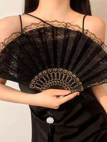 1pc 1920s Vintage Folding Hand Fan Flapper Style Suitable For Costume Party Performance, Tea Party, Wedding Decoration - Black - View 7