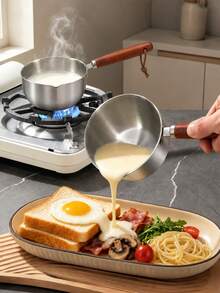 Multifunctional Stainless Steel Cooking Pot With Heat-Resistant Wooden Handle, For Hot Oil, Hot Milk, Sauce Preparation, Boiling Eggs, Home Kitchen Gadget - View 4