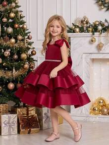 Young Girls Sleeveless Mesh & Satin Back Bow Elegant Party Dress Suitable For Weddings, Hairband Not Included - Burgundy - View 3