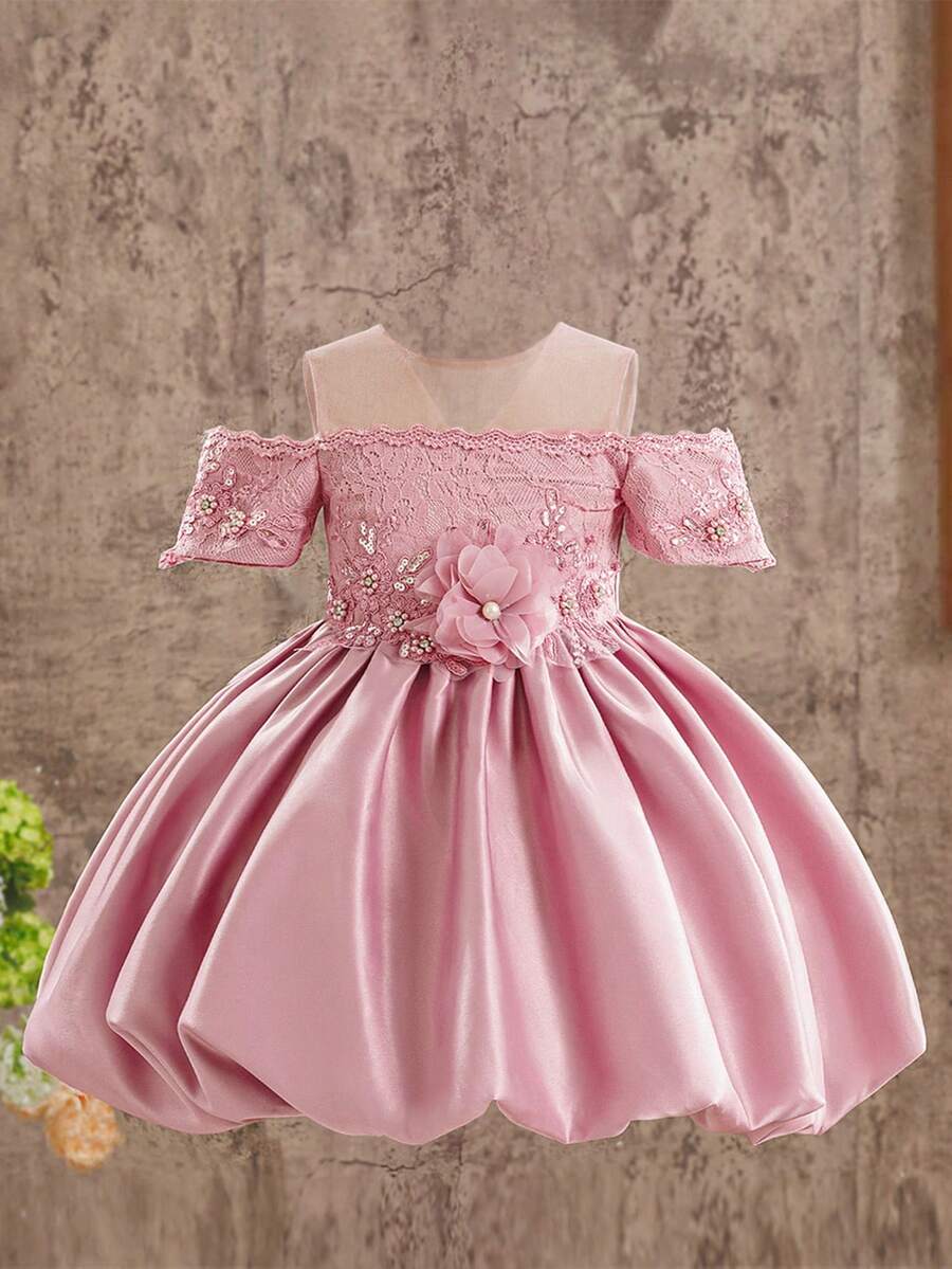 Young Girls Round Neck Exquisite Embroidered Bow Satin Birthday Party Puff Princess Dress Suitable For Hosting Evening Party Graduation Ball Gown - Dusty Pink - View 1