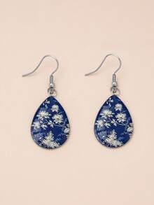 YUJUGLOW 1 Pair Vintage Blue Porcelain Rose Pattern With 316 Stainless Steel Water Drop Earrings, Suitable For Women's Daily Wear - Blue - View 4