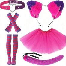 Pink & Purple Striped Cat Costume, Includes Cat Ears + Fluffy Tail + Striped Sleeve Socks And Skirt, Suitable For Halloween Dress Up And Role Play - Multicolor - View 8