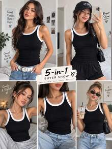 Women's Minimalist Contrast Trim Ribbed Knit Tank Top, Round Neck Slim Fit Skin-Friendly Sleeveless Casual Basic Top, Summer Daily Vacation Layering Top - Black - View 7