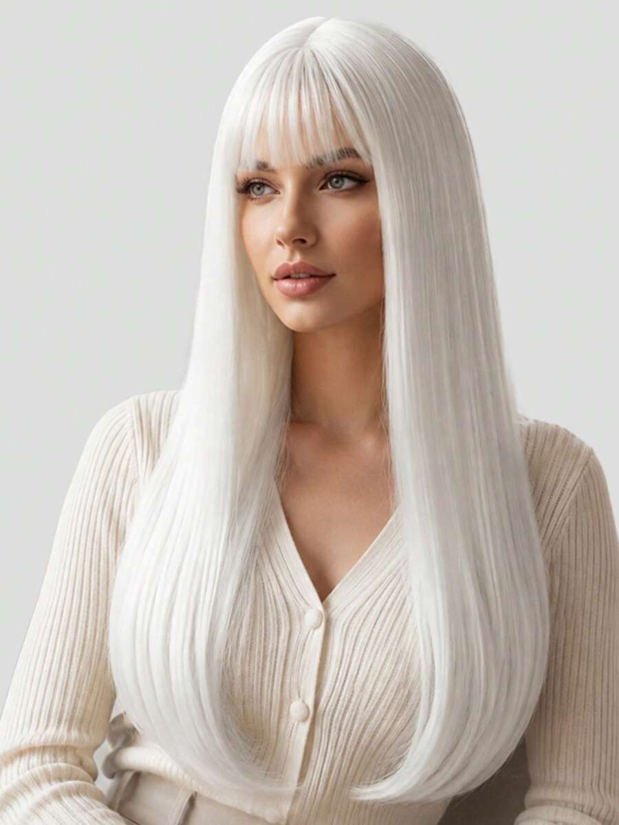 24 Inch Long White Straight Hair Wig, Natural And Smooth, Easy To Wear, Suitable For All Women's Role Play And Halloween Cosplay - White - View 1