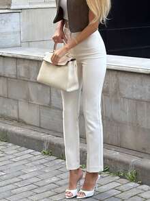 Beige Minimalist Versatile Commuter Slimming Long Pants For Office And Daily Wear - Apricot - View 5