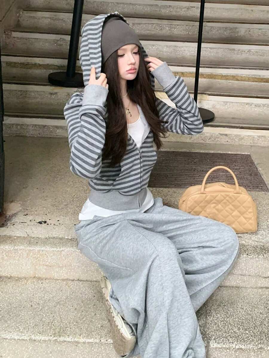 美式復古配色拼接條紋連帽長袖運動衫上衣,隨機拼接設計 - 灰色 - 查看 1