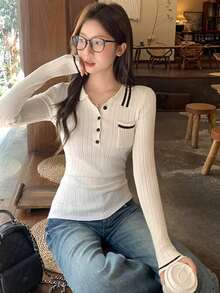 Atasan Dalaman Rajut Putih Kerah Polo Wanita, Pakaian Musim Gugur/Musim Dingin/Awal Musim Semi yang Lucu - Putih susu - View 2