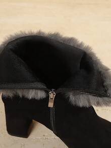 New Women's Versatile Fuzzy Side Zipper Chunky Heel High Heel Ankle Boots Autumn Winter Pointed Toe Fashion All-Match Style Faux Fur Home Wear - Black - View 9