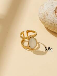 5pcs Stainless Steel Vintage Gold Mother Of Pearl Stackable Ring Set, Women's French Luxury Style Oval & Round White Shell Finger Rings, Leaf Carved Hammered Wide Band Combination Hand Jewelry, Niche High-End Multi-Layer Matching Accessories, Gentle Atmosphere Versatile For Daily Commute, Date, Vacation, Gift For Girlfriend & Best Friend, Influencer Style Elegant Decorative Ring Set - Yellow Gold - View 11