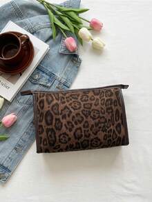 Women's Canvas Leopardprint Large-Capacity Cosmetic Bag, Travel Storage Bag,Fashionable And Versatile, A Must-Have For Girls And Officeworkers - Brown - View 5
