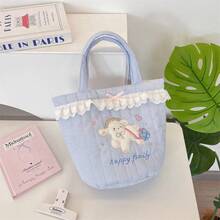 1Pc Cute Lamb Embroidery Handbag,Lace Ruffle Bow Decor Quilted Tote Bag,Striped Canvas Mini Top‑Handle Bag, Sweet Daily Travel Storage Purse For Girls - Multicolor - View 15