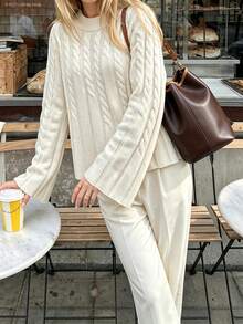 Just Masa Women's Autumn Casual Cable Knit Bell Sleeve Pullover Sweater, Loose Fit Solid Color Round Neck Ribbed Rajut Top, Suitable For Daily Wear, Outing, Commuting - Aprikot muda - View 6