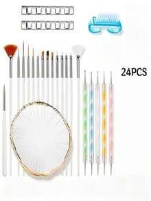 24Pcs Nail Art Creation Kit Various Drawing Brushes Dotting Pens With Palette And Cleaning Auxiliary Tools For Diverse Nail Pattern Creation - Multicolor - View 1