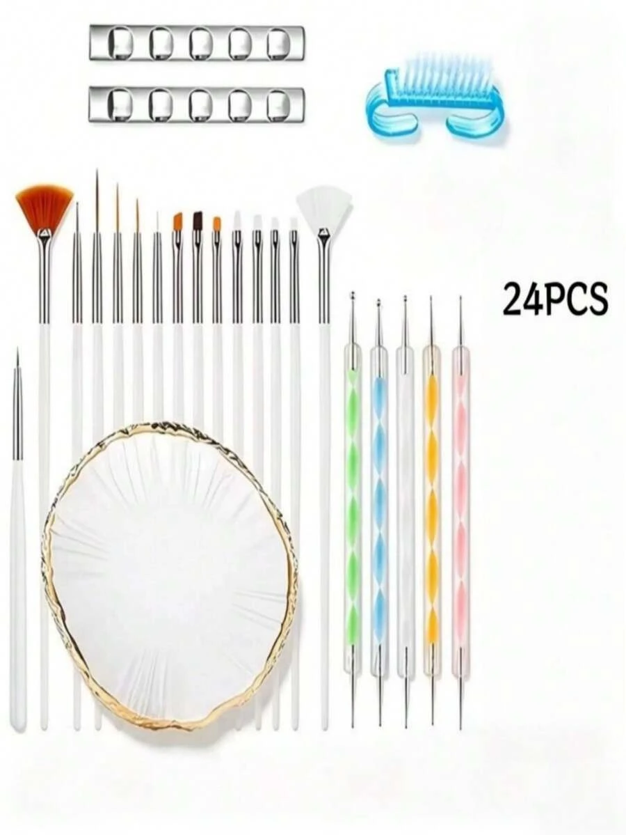 24Pcs Nail Art Creation Kit Various Drawing Brushes Dotting Pens With Palette And Cleaning Auxiliary Tools For Diverse Nail Pattern Creation - Multicolor - View 1