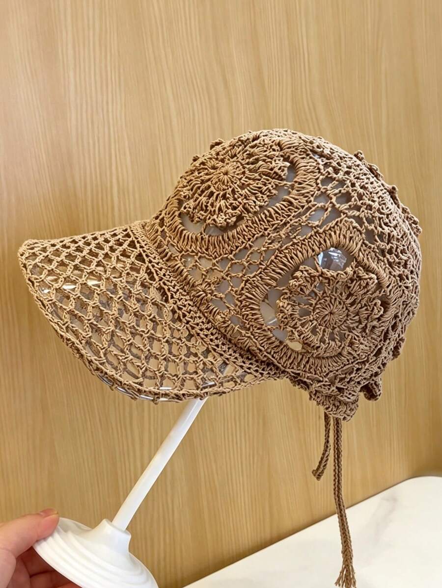 1件夏季鏤空手工鉤花棒球帽/復古手工編織透氣遮陽帽/可調節百搭帽/送給朋友的禮物 - 彩色 - 查看 1