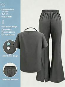 Solid Color V-Neck Short Sleeve Top And Split Leg Long Pants Lab Scrubs Nurse Scrub Uniform Set For Pet Hospital Clinic Private Care Workwear Fall - Grey - View 3
