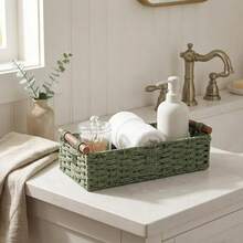 Mori Style Paper Rope Woven Storage Basket With Solid Wood Handle, Bathroom Toilet Countertop Toiletry Organizer Bin, Wabi-Sabi Natural Rustic Minimalist Desktop Decor Organizing Tray For Living Room, Kitchen, Bedroom, Office, Ideal Gift - Multicolor - View 9