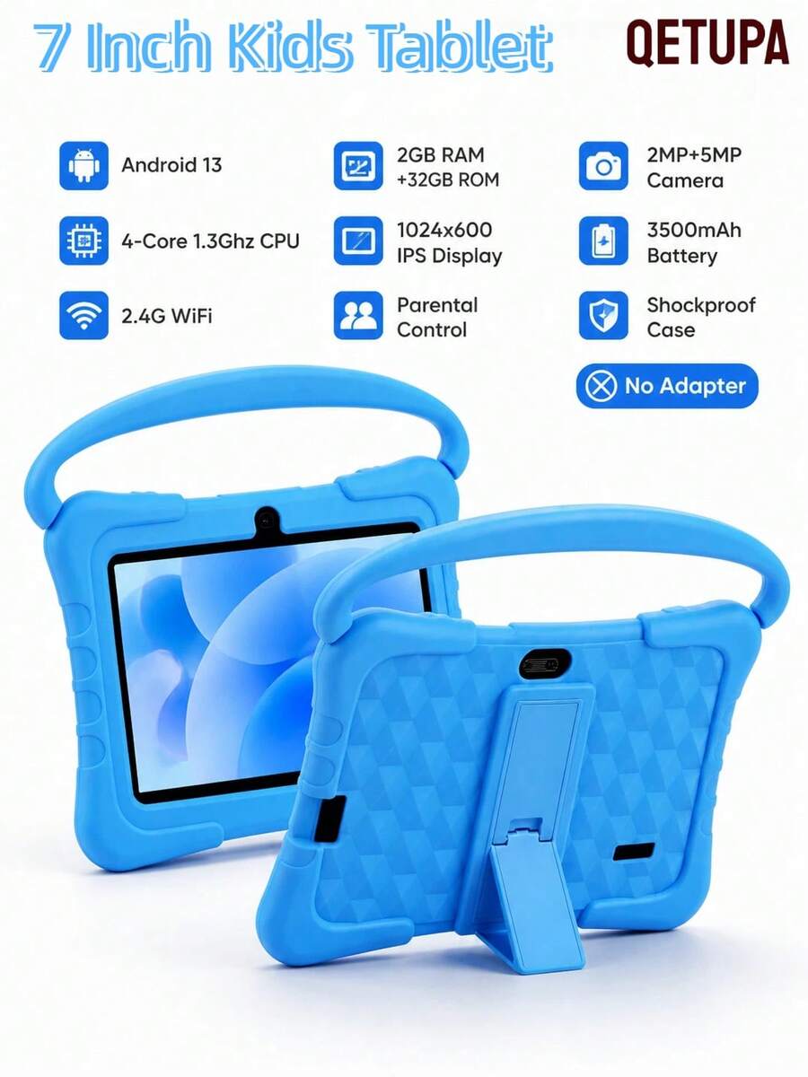Qetupa 兒童平板電腦 7 吋 Android 13,2GB RAM 32GB ROM,附家長控制、WiFi、藍牙、雙鏡頭與矽膠保護殼 - 藍色 - 查看 1