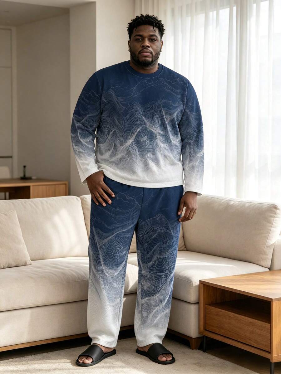 Autumn Men's Loungewear Set, Plus Size Men's 2 Pieces Set, Gradient Mountain Long Sleeve Graphic T-Shirt Paired With Men's Wide Leg Pants, Drawstring + Pocket Design, Suitable For Tall Men And Plus Size Men, Can Be Worn At Home Or Out - Multicolor - View 1