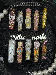 10pcs Handmade Full Cover Rectangular Nail Tips, 3D Crown Bow Angel Pendant Pearl Rhinestone Pink White Vintage False Nails, Reusable, Suitable For Party, Dancing, Daily Wear, Includes Jelly Glue And Nail File, Y2K Sweet Hot Girl Nail Art Decoration - Multicolor - View 2