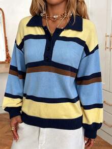 Sweater Pullover Rajut Wanita Kerah Polo Kancing Colorblock Musim Gugur/Dingin, Atasan Lengan Panjang Longgar Gaya Kasual Santai Preppy - Biru - View 12