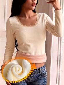 Women's Fitted Thermal Lace Trim U-Neck Long Sleeve Top, Soft Warm Casual Basic Shirt For Fall Winter, Pink, Holiday Outfit - Pink - View 2