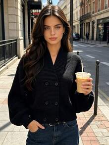Autumn/Winter Design Stand Collar Button Front Cardigan, Elegant Casual Style Lantern Sleeve Loose Fit Versatile Knit Sweater Jacket - Black - View 10