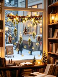 1Set Christmas Window Clings,Christmas Themed Window Sticker With Pine Cone,Pine Branch, And Snowflake Patterns,Self-Adhesive Waterproof Window Sticker For Kitchen,Bedroom,Winter Home Decor,Farmhouse Decorations,Christmas Atmosphere Setting - A - View 5