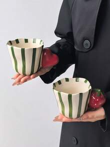 1PC Green Striped 3D Handle Ceramic Mug, Highly Attractive Home Coffee Water Cup, Birthday Gift For Couples - Green - View 8