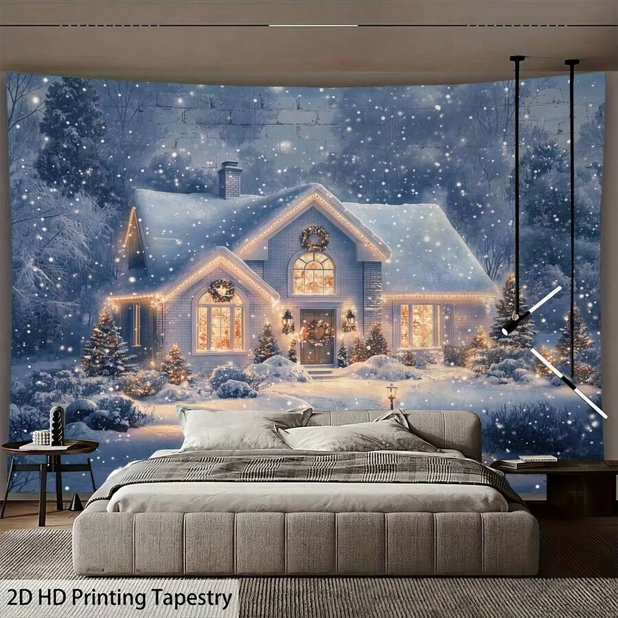 1件裝冬季雪景聖誕小屋印花掛毯,暖光花環、降雪松樹場景圖案,臥室客廳宿舍沙發背景裝飾布,適合節日派對拍照背景與室內牆面裝飾 - 彩色 - 查看 1