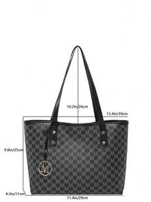 Women's Shoulder Tote Bag, All-Over M Letter Pattern, Durable Composite Fabric, Large Capacity, Campus Bag, Suitable For University Campus - Black - View 10