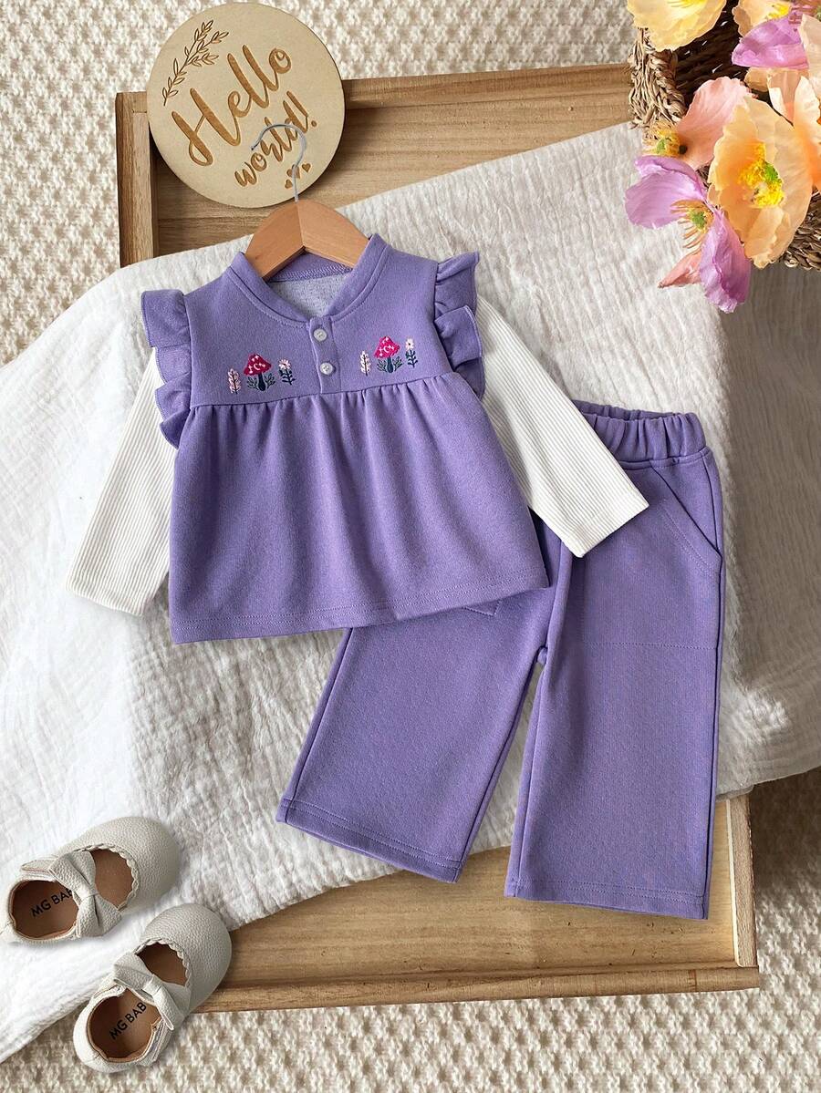 Baby Girls Sweet Purple Patchwork Long Sleeve 2 Pieces Set, Mushroom & Floral Embroidery Ruffle Trim Casual Outfit - Purple - View 1