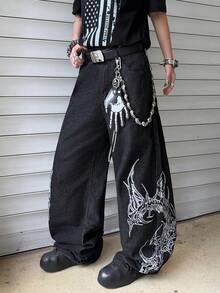 1pc Vintage American Street Style Embroidered Loose Fit Relaxed Straight Leg Jeans, Comfortable & Versatile For All Seasons (Excluding Belt & Accessories) - Black - View 5