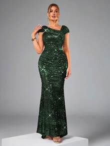 CHOSMO Women's Asymmetric Neckline Glamorous Elegant Party Sequin Mermaid Evening Gown - Dark Green - View 3
