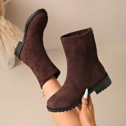 Round Toe Chunky Heel Ankle Boots For Women With Back Zipper Elastic Cuff Versatile Autumn Winter New Style