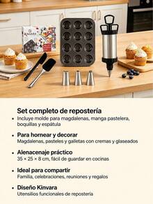 Stainless Steel Baking Set With 12-Cup Muffin Pan, Piston Icing Syringe, Interchangeable Nozzles And Spatulas, Complete Cake Decorating Kit - Multicolor - View 7