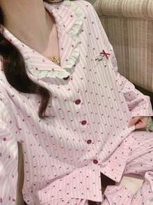 2pcs Women's Pajama Set, Open Front Lapel Polka Dot Print Lace Patchwork Long Sleeve Pants, Comfortable For Home Wear - Pink - View 8