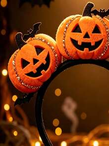 1pc Halloween Pumpkin Expression Headband, Funny & Cute Gold Wire Pumpkin & Bat Design Holiday Costume Headpiece - Multicolor - View 5