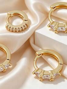 4pcs Inlaid Cubic Zirconia Women's Earrings Set, Exquisite Fashionable, Suitable For Dating, Gathering, Party Layering Wear - Yellow Gold - View 5