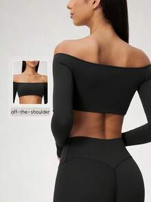 NcmRyu Women's 1pc Solid Color Off-Shoulder Long Sleeve Cropped Top, Highlights Shoulder And Neckline, Fitness Wear - Black - View 11