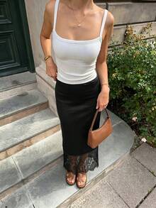 Vuslat Women's Autumn Luxury Elegant Satin Lace Patchwork Midi Skirt, Suitable For Halloween, Commute, Daily, Date - Black - View 7