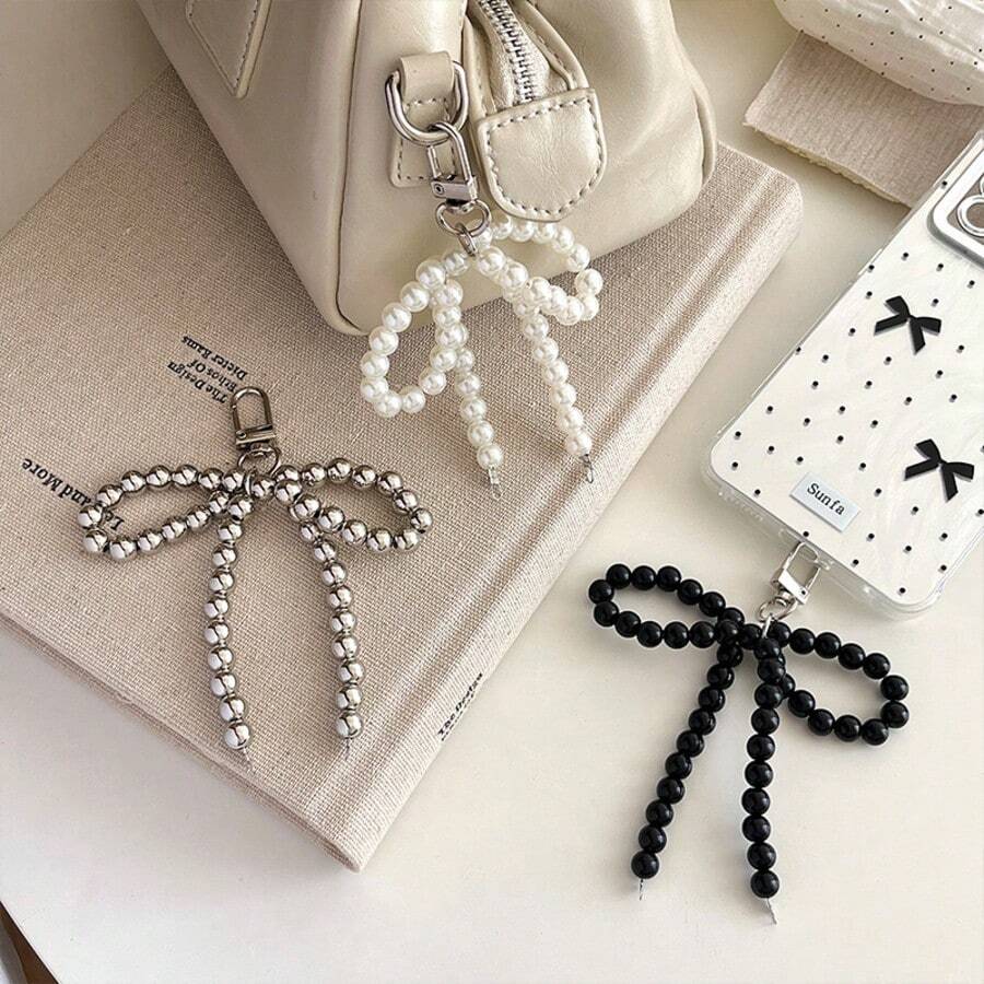 1pc Creative Pearl Bow Chain Bag Charm, Phone Case Keychain Pendant Exquisite Small Gift Accessory - Multicolor - View 1