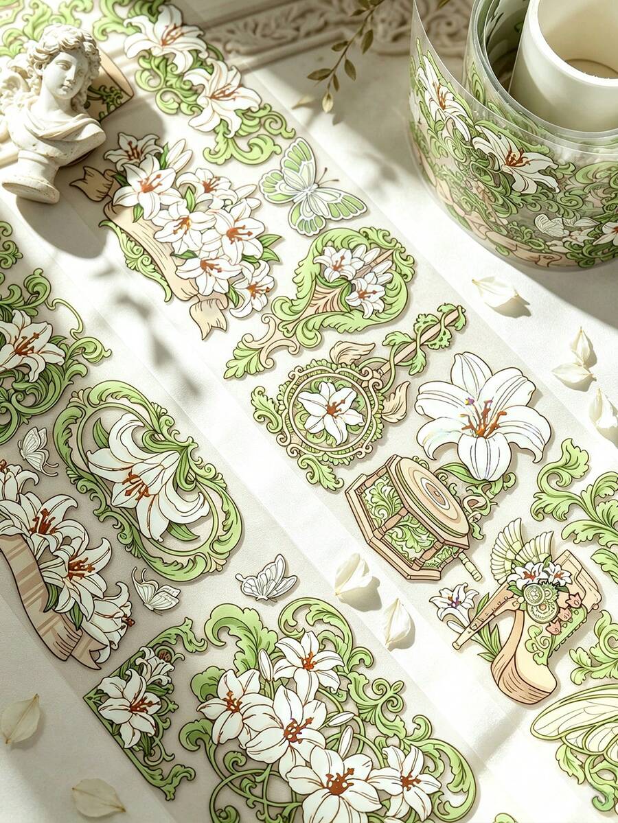 DANKUN 1Roll 78.74 Inches Gilded Flower Clear PET Sticker Roll, Creative Aesthetic Scrapbooking Sticker Decor, Masking Washi Tape For Junk Journal Supplies, DIY Crafting Material, Wedding, Holiday Gift, Personalized Sticker Album, Crafting Supplies, Tape