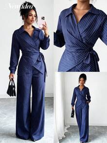 NEW IDEA Women's Elegant Navy Pinstripe Autumn/Winter Suit Set, Lapel Long-Sleeve Top + Wide-Leg Pants, Perfect For Commuting, Business, And Parties - Blue - View 5