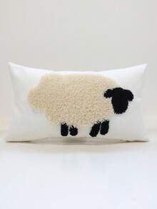 Ins風 3D 毛巾刺繡羊造型抱枕套，蓬鬆紋理枕套，極簡居家裝飾，適用於沙發、床鋪、客廳、臥室 - 米色 - 查看 5