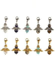 1pc Stainless Steel Vintage Angel Wings Natural Stone Lobster Clasp Pendant, Gemstone Bead Charm, Suitable For DIY Jewelry Making - one-size - View 6
