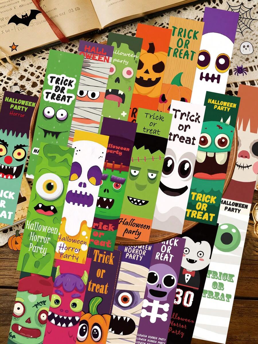 30pcs Cartoon Halloween Bookmarks, Suitable For Book Marking Cards, Library Cards, Paper Multi-Functional Reading Cards, Marking Cards, DIY Message Cards, Applicable For Back To School Season, School Supplies, Birthday Gifts, Halloween Gifts - 30pcs - View 1