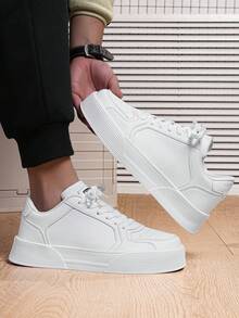 Nya herr sneakers i rent vitt perforerat läder, låg modell med tjock sula, höjdförhöjande, mångsidiga casual sneakers för studenter och dagligt bruk - Vitt - Visa 9