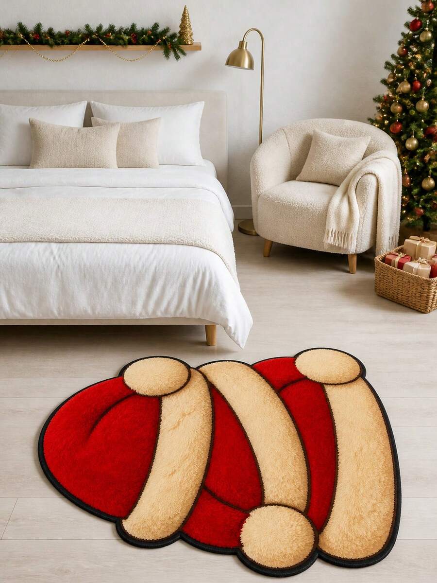 1pc Stacked Santa Hats Shaped Rug, Pompom Tower Novelty Mat, Scarlet Snow Cream Carpet, Plush Holiday Decor Accent Mat, For Entryway Kids Room Hallway Indoor Use, Festive Gift - Red - View 1